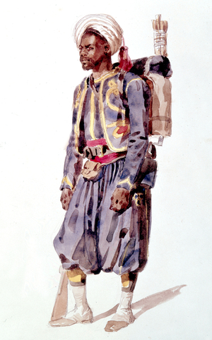 algerian infantry man of the 1st regiment , wearing regala uniform c.1859, watercolor
