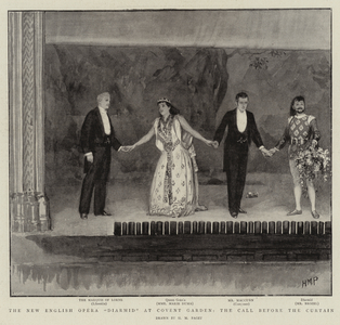 The New English Opera "Diarmid" at Covent Garden, the Call before the Curtain (litho)