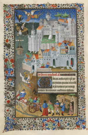 F.204v, 'Pilgrims arriving' illustration from 'The Sobieski Book of Hours', c.1420 (vellum)