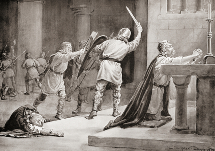 The murder of Canute IV of Denmark by rebels in 1086 at St. Alban's Priory in Odense, Denmark, from Hutchinson's History of the Nations, pub. 1915
