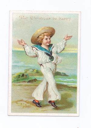 A Victorian Christmas card of a boy dressed as a sailor dancing on a beach, c.1880 (colour litho)