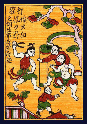 Vietnam: Jealousy in a rural setting - traditional woodblock painting from Dong Ho village, Bac Ninh Province