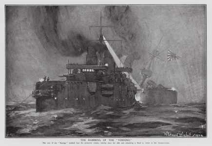 Ramming of the Japanese cruiser Yoshino, 1904 (litho)