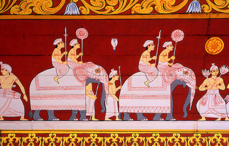 Sri Lanka: Murals showing the Kandy Esala Perahera, the town's largest annual festival, Sri Dalada Maligawa or the Temple of the Tooth, Kandy