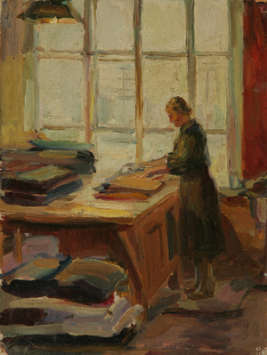 Workers at the Textile Manufacture Tryokhgorka in Moscow, 1950s (oil on card)