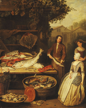 A Fishmonger displaying a Pike to a Maid, 1727 (oil on canvas)