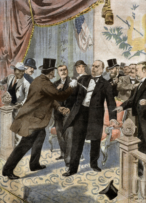 Murder of William Mac Kinley (1843-1901) 25th american president, by polish-german narchist Czogolsz, illustration from french newspaper "Le Petit Journal" september 22, 1901