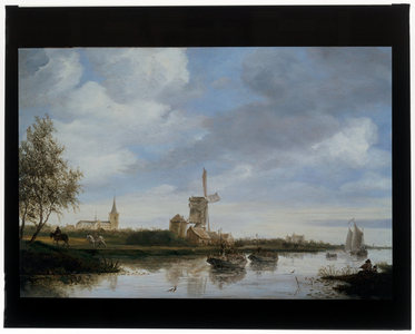 River landscape with windmill, 17th century (oil on panel)