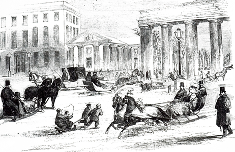 An engraving depicting a sledge drawn by horses in Siberia, 19th century