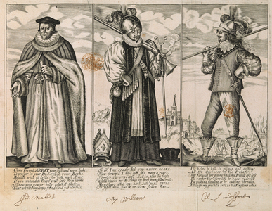 "Come Friend Array Your Selfe ..." Three figures, the figure on the left being Judge Thomas Mallet, middle, William Laud, Archbishop of Canterbury. The figure on the right is Colonel Thomas Lunsford (engraving)