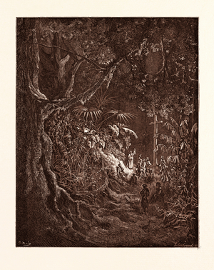 The Hermit Preaching in the Woods, by Gustave Dore, 1832 - 1883, French. Engraving for Atala by Chateaubriand. Romanticism, Colour, Color Engraving