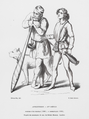 Castle gatekeeper and servant, England, 15th Century (engraving)