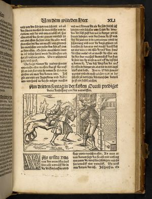 A Werewolf attacking a man, p.41 from 'Die Emeis. Dis ist das büch von der Omeissen, etc. und ist von ... J. G. ... in eim quadragesimal gepredigt worden, etc.', by Johann Geiler, von Kaiserberg, 1516 (engraving)