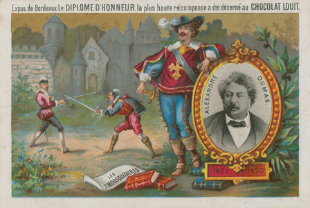Alexandre Dumas and a scene from 'The Three Musketeers' (chromolitho)