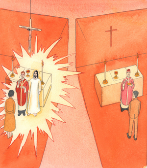 When the bread and wine are consecrated by a Catholic priest, they are changed into the Sacred Body and Blood of Christ; and Christ transforms the Communicant, by His Divine life, 2005 (w/c on paper)
