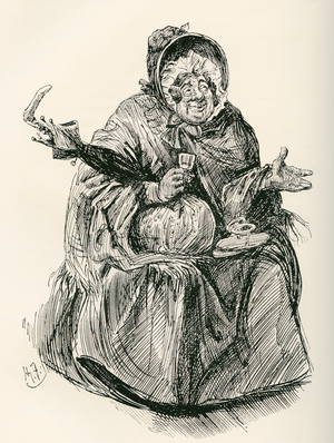 Mrs. Gamp.  Illustration by Harry Furniss for the Charles Dickens novel Martin Chuzzlewit, from The Testimonial Edition, published 1910.