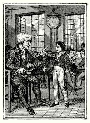 School boy facing discipline from his teacher (engraving)