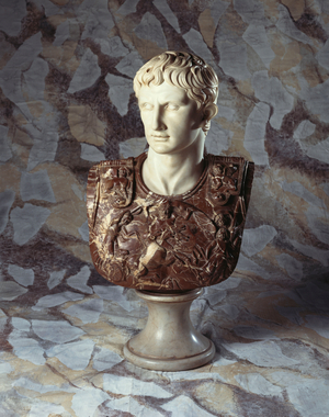 An Italian sculpted statuary and breccia marble bust of Caesar Augustus, after the antique (marble)