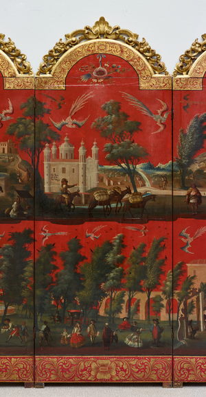 Biombo with Views of Mexico City (oil on red maki-e lacquer on panel, with gilt wood mounts & linen backing)