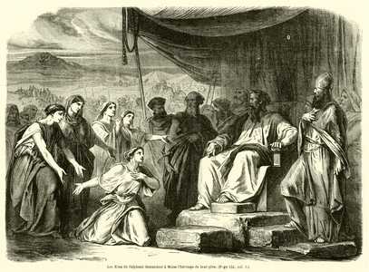 Les filles de Salphaad demandant a Moise l'heritage de leur pere (engraving)
