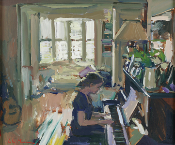 At the piano, 2021 (oil on board)