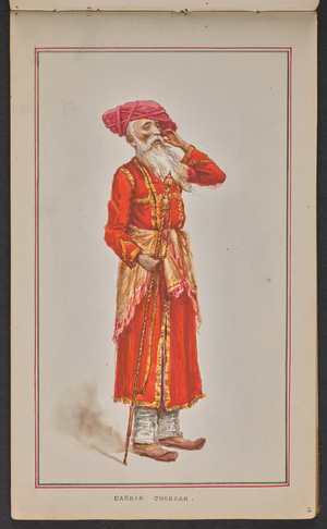Elderly court official of the Kolhapur durbar, dressed in a red coat and pink turban (w/c on paper)