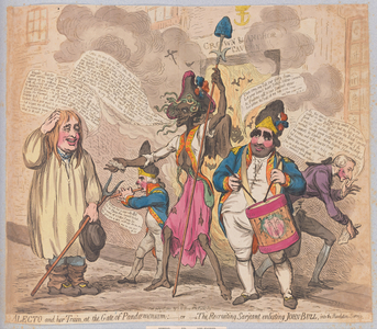 Alecto and her Train at the Gate of Pandaemonium or The Recruiting Sarjeant enlising John Bull into Revolution Service, pub.   (hand coloured engraving)