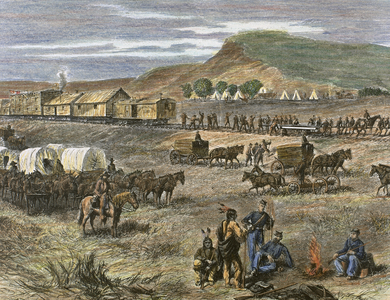 American West, 19th century, Central Pacific Railroad, Construction of the railway (colour engraving)