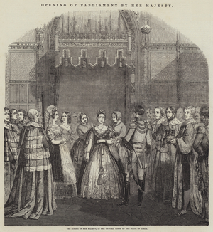 Opening of Parliament by Her Majesty, the Robing of Her Majesty, in the Victoria Lobby of the House of Lords (engraving)