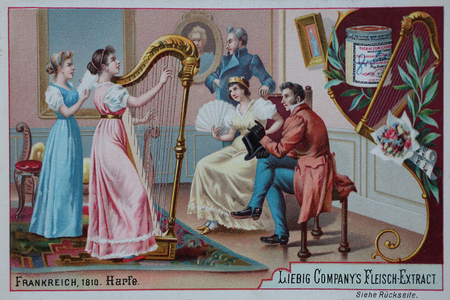 Series of pictures of musical instruments, harp from shore clingfish (1810), Liebig picture