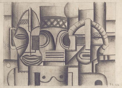 The three masks: Africa, Oceania and America (Stage curtain project for "The Creation of the World"), 1922 (pencil on paper)