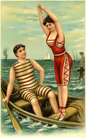Man and Woman in Bathing Suits in Rowboat, Illustration, Postcard, c.early 1900's
