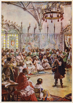 Gil Vicente at the court of King Manuel I of Portugal (colour litho)