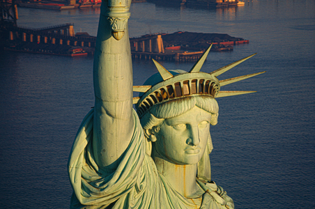 Aerial view of face and crown of Statue of Liberty. New York City, New York., 1960s (photo)