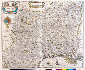 Map covering Languedoc - Roussillon - Montpellier - Toulouse - Avignon - Arles,  in 'Theatrum Orbis Terrarum, sive Atlas Novus' by Willem Blaeu, Amsterdam, 1645-50