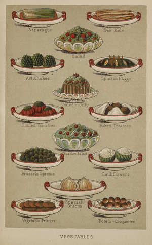 Assorted dishes of vegetables, from 'Mrs Beeton's Family Cookery and Housekeeping Book', by Isabella Mary Beeton, 1893 (coloured engraving) 