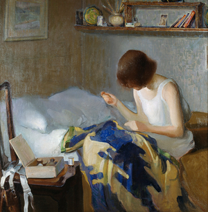 Young Girl Mending (oil on canvas)