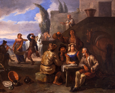 Drinkers and dancers before an inn (oil on canvas)