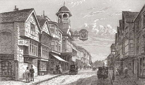 High Street, Guildford, Surrey, England in the late 19th century From Our Own Country published 1898.