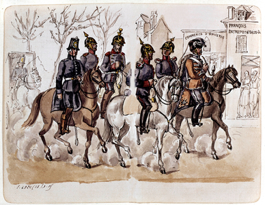 Franco prussian war 1870-1871 : prussian soldiers going in Paris january 1871, anonymous watercolor