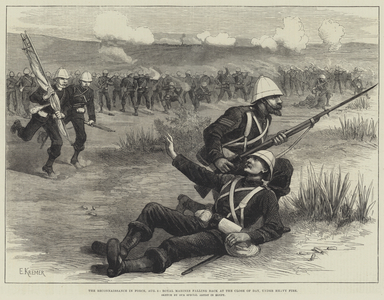 The Reconnaissance in Force, 5 August, Royal Marines falling back at the Close of Day, under Heavy Fire (engraving)