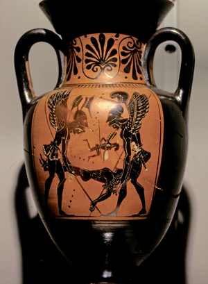GREEK ART: Death of Sarpedon. Side A from an Attic black-figured neck-amphora., c. 500-490 BC