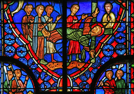 Window w11 depicting St Andrew bound to his cross and preaches to Crowd (stained glass)