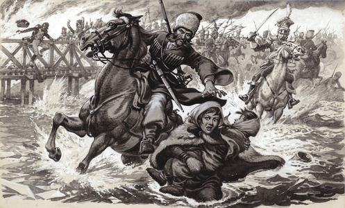 A Cossack soldier tries to stop Aimee Ladoinski crossing the River Berezina (gouache on paper)