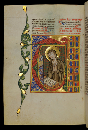 St Scholastica with open book, 1404 (ink, pigment, and gold on parchment)