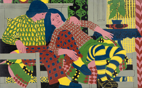 Seated Boy and Girl, 1977 (oil on board)