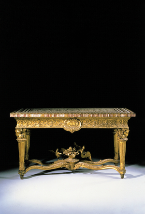 One of a pair of Roman giltwood side tables with ormolu-bordered mosaic tops, c.1773 (giltwood, mosaic & ormolu)