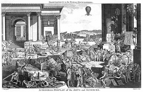 A General Display of Arts and Sciences. Engraving by Reynolds Grignion after the picture by Leclerc. In this version, to be topical, Grignion has included a balloon (1783) and landscape in the centre distance, rather than the original colonnade. Fronti