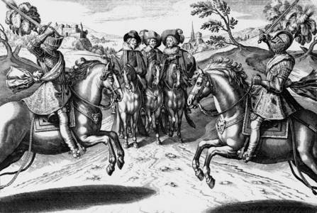 Young french king Louis XIII (r) on horse with his instructor Antoine de Pluvinel (l), engraving by Crispin de Passe from book "Le manege royal" by Antoine de Pluvinel, 1623