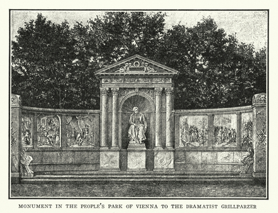 Monument in the People's Park of Vienna to the dramatist Grillparzer (litho)